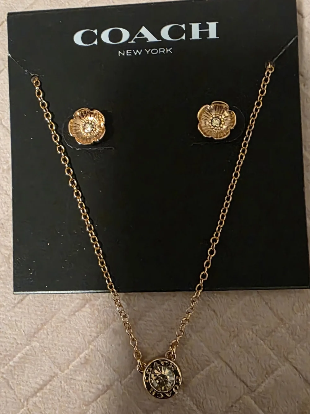 Coach Gold Floral Medallion Necklace and Stud Earrings Set - Picture 3 of 4